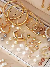 86pcs/Set Elegant Pearl Earrings Multi-Layered Necklace Ear Studs Rings 4-In-1 Jewelry Set For Women Daily Wear Gift (No Box)
