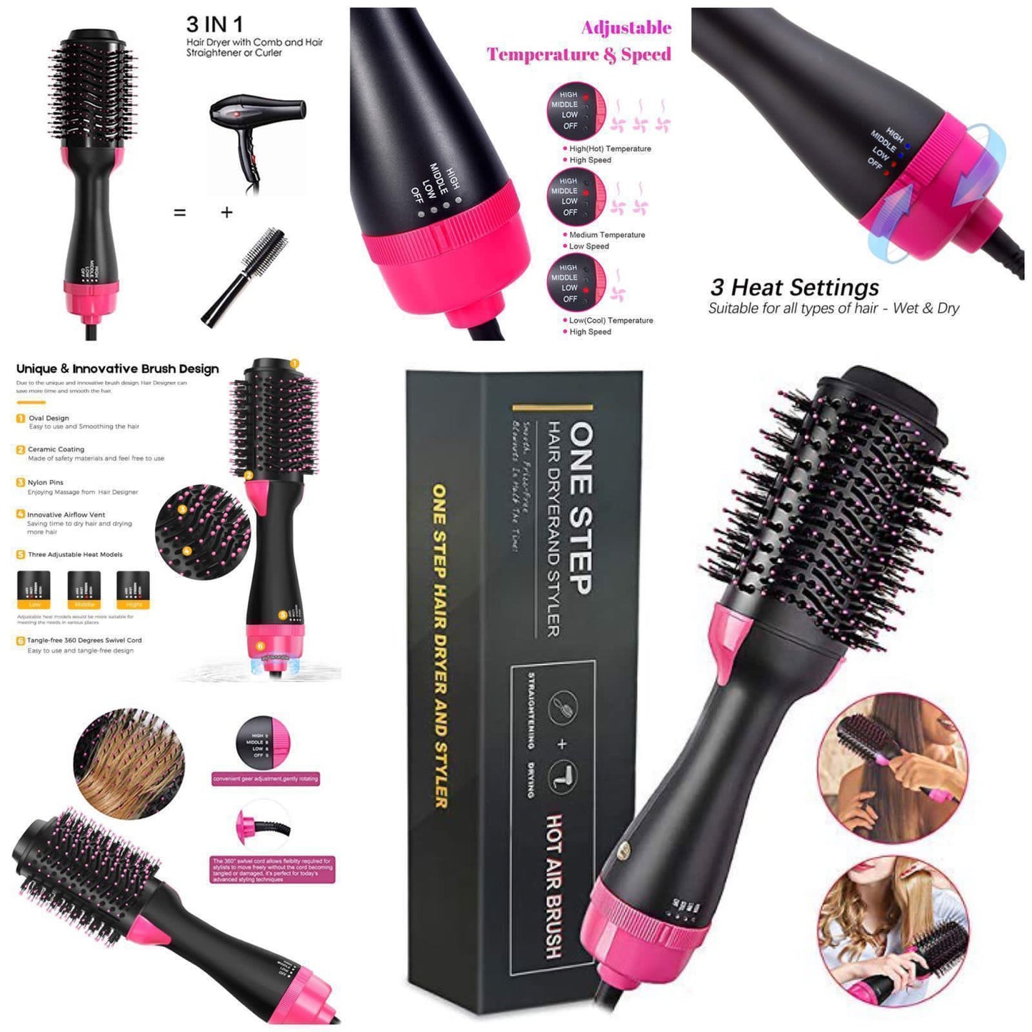One Step Hot Air Brush - Hair Dryer & 3 in 1 COD Available
