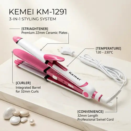 Kemei 3-in-1 Hair Straightener, Curler & Crimper -4 8 Hours Delivery COD Available